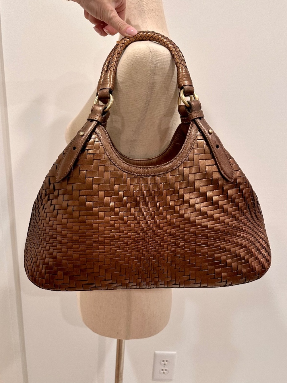 Cole Haan Genevieve Weave Small Triangle Tote in Metallic Bronze